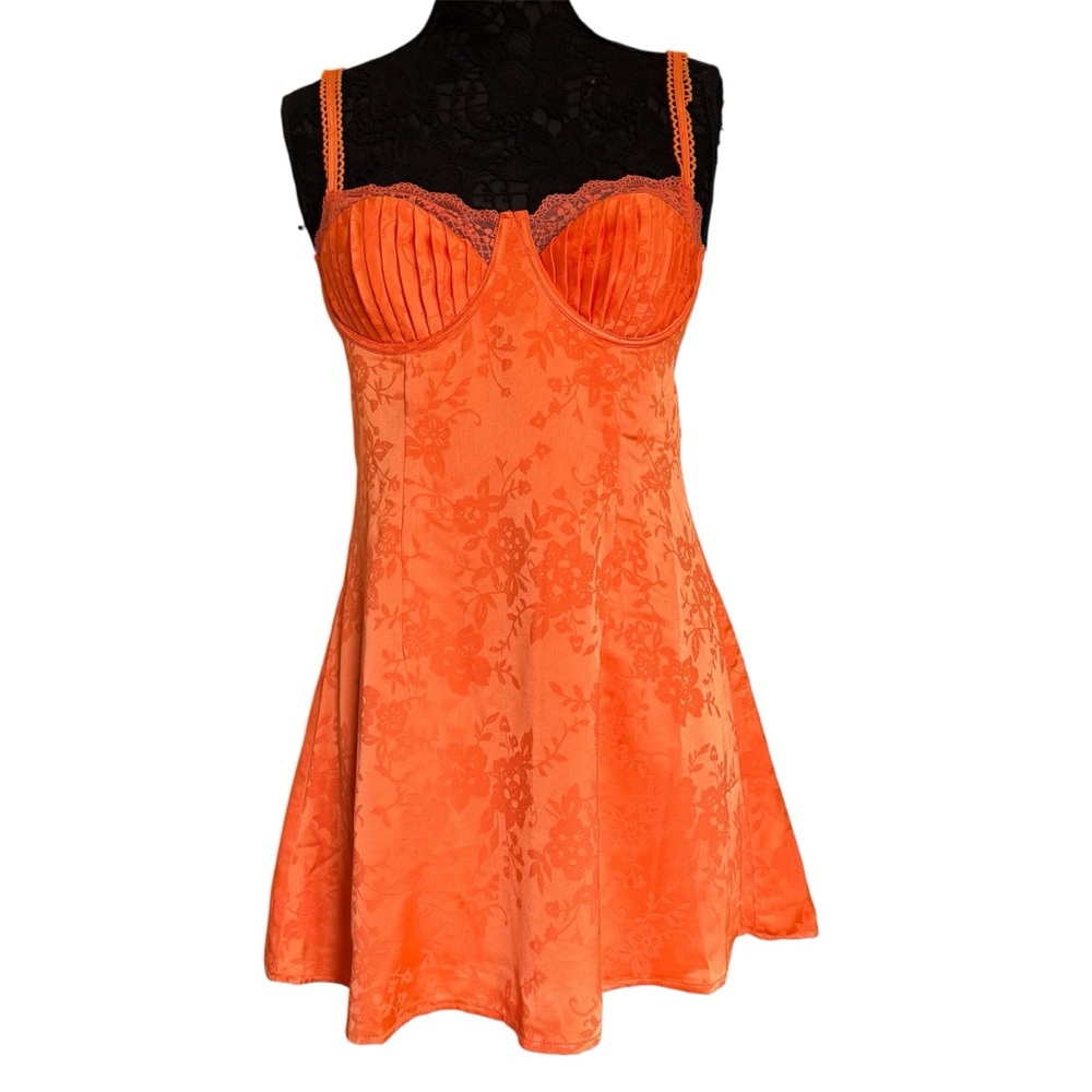 Fashion Nova Vibrant Orange Floral Chemise Slip Bralette Top Mini Dress Small